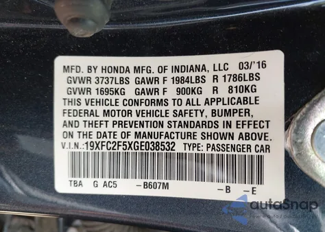 2016 Honda Civic Lx z USA, uszkodzony, nr VIN 19XFC2F5XGE038532